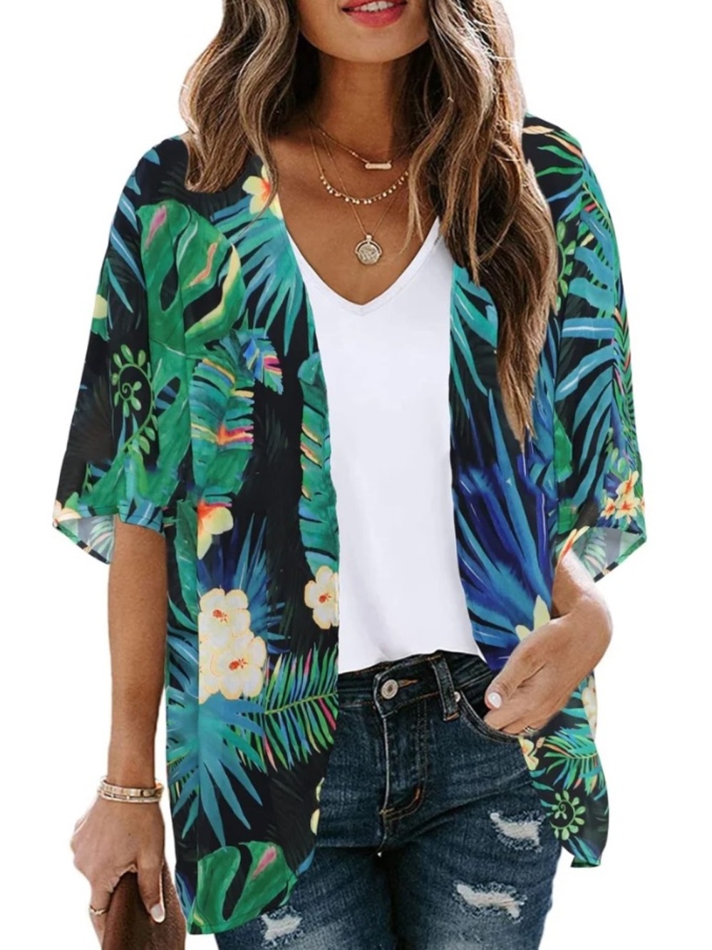 Tropical Leaf Floral Kimono Cover-Up in Green & Blue